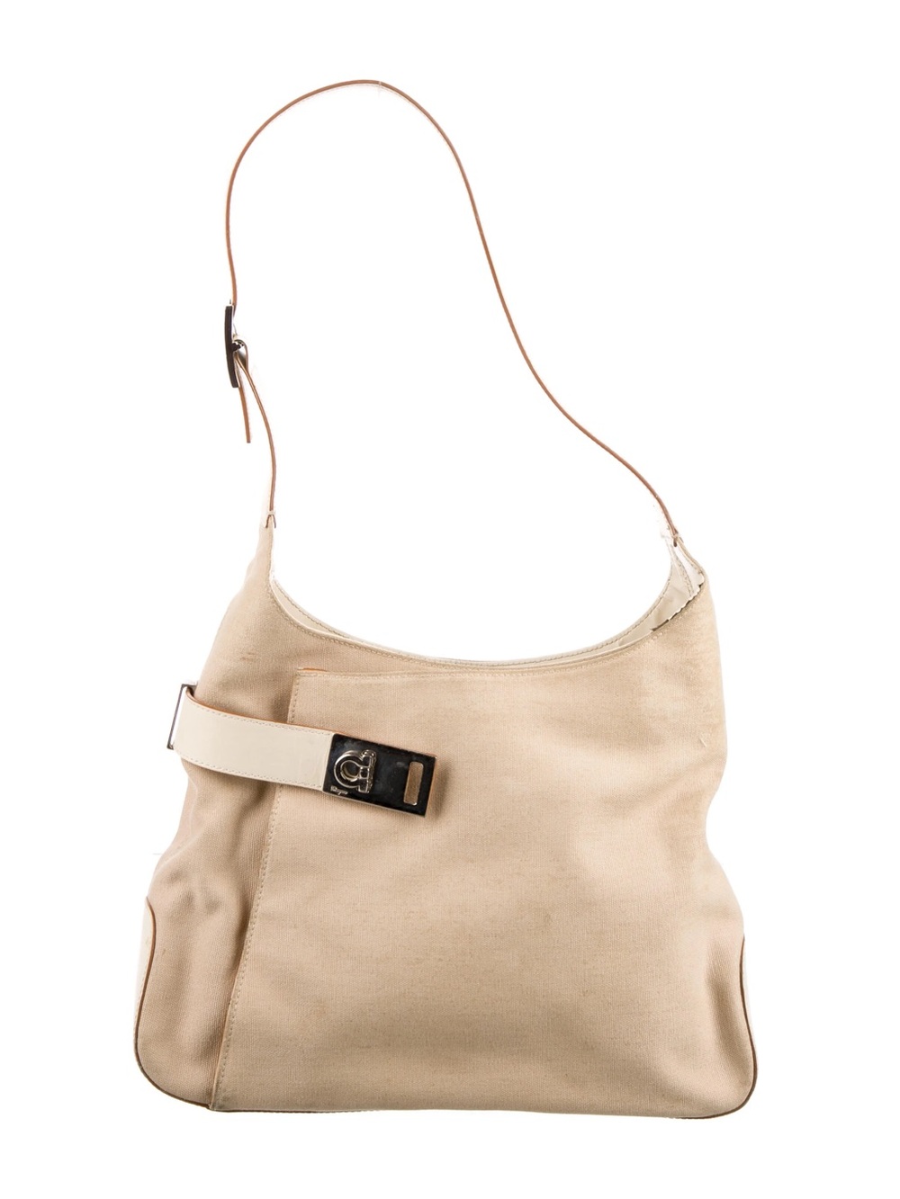 Salvatore Ferragamo Beige Canvas Leather Trim Shoulder Bag with Buckle Accent sm